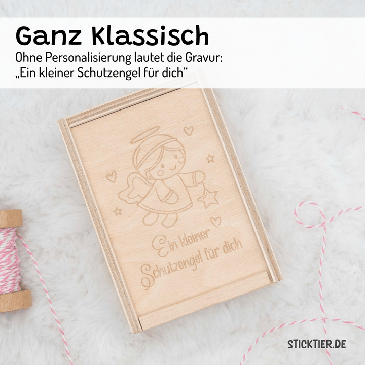 Schutzengel-Geschenkbox aus Holz – Holzkiste mit Schiebedeckel, lasergraviert - passend zum Mini-Engel