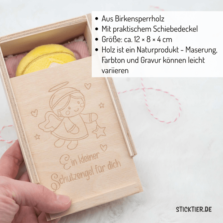 Schutzengel-Geschenkbox aus Holz – Holzkiste mit Schiebedeckel, lasergraviert - passend zum Mini-Engel