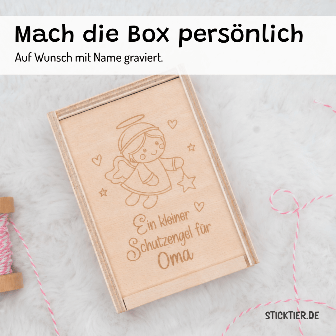Schutzengel-Geschenkbox aus Holz – Holzkiste mit Schiebedeckel, lasergraviert - passend zum Mini-Engel