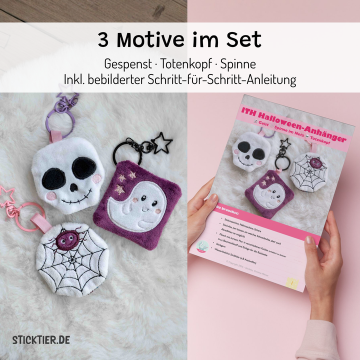 3 Motive im Set - Gespenst, totenkopf und Spinne ITH Stickdatei Halloween