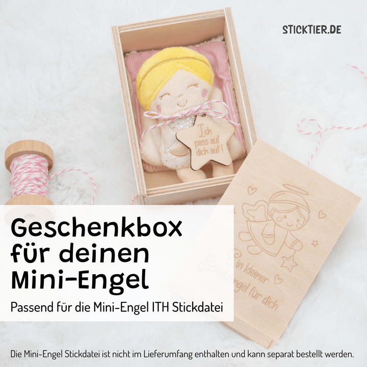 Schutzengel-Geschenkbox aus Holz – Holzkiste mit Schiebedeckel, lasergraviert - passend zum Mini-Engel