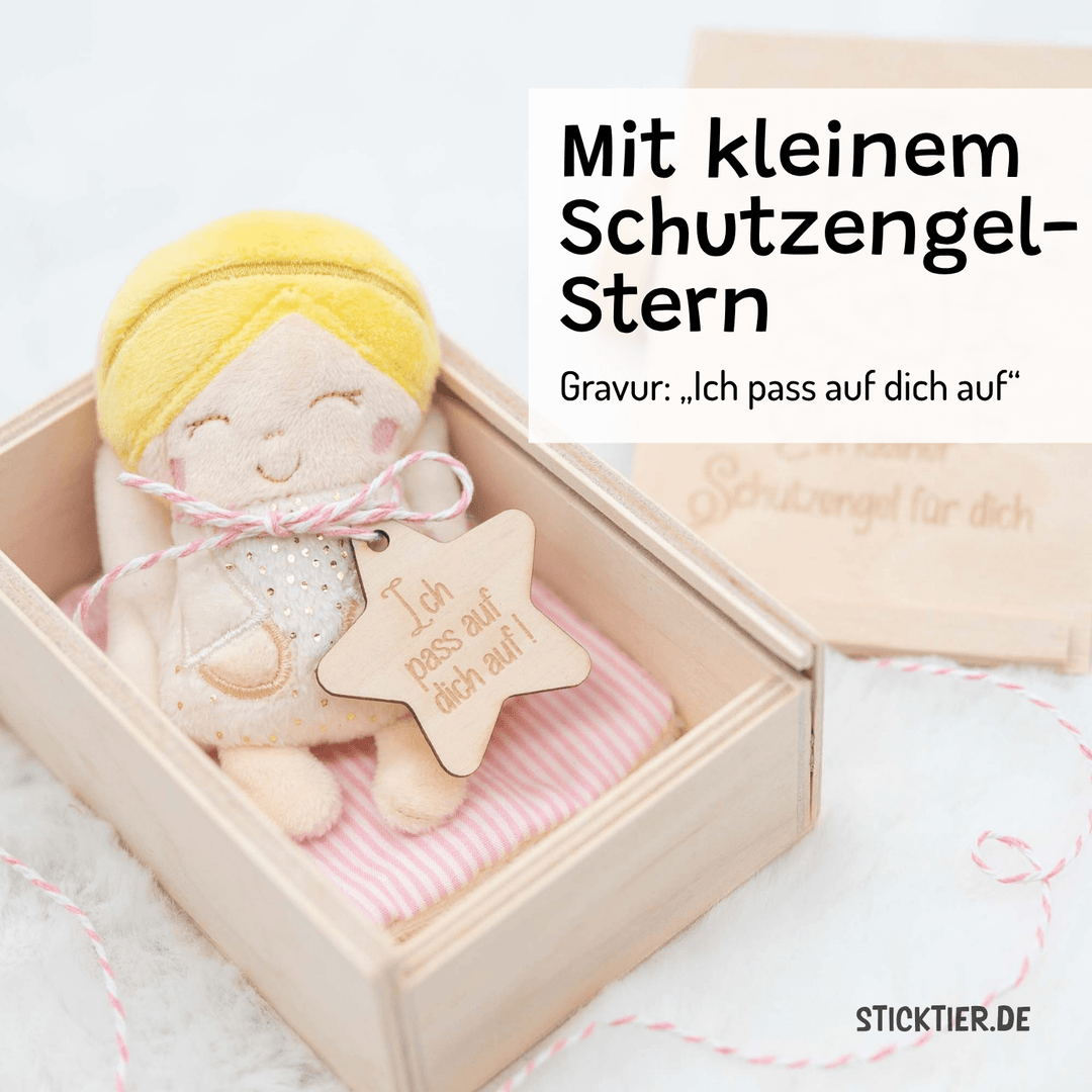 Schutzengel-Geschenkbox aus Holz – Holzkiste mit Schiebedeckel, lasergraviert - passend zum Mini-Engel