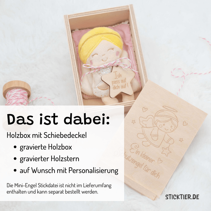 Schutzengel-Geschenkbox aus Holz – Holzkiste mit Schiebedeckel, lasergraviert - passend zum Mini-Engel