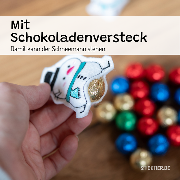 Stickdatei Schneemann mit Schokoladen-Versteck | ITH