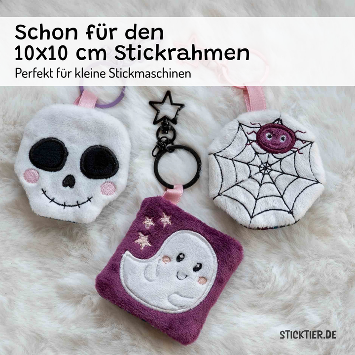 ITH Stickdatei Halloween Anhänger Set mit Gespenst, Totenkopf und Spinne aus Plüsch