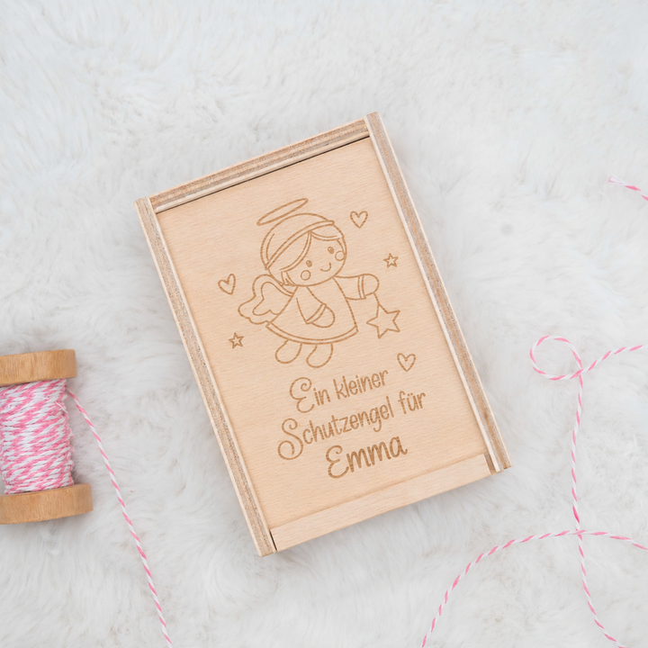 Schutzengel-Geschenkbox aus Holz – Holzkiste mit Schiebedeckel, lasergraviert - passend zum Mini-Engel