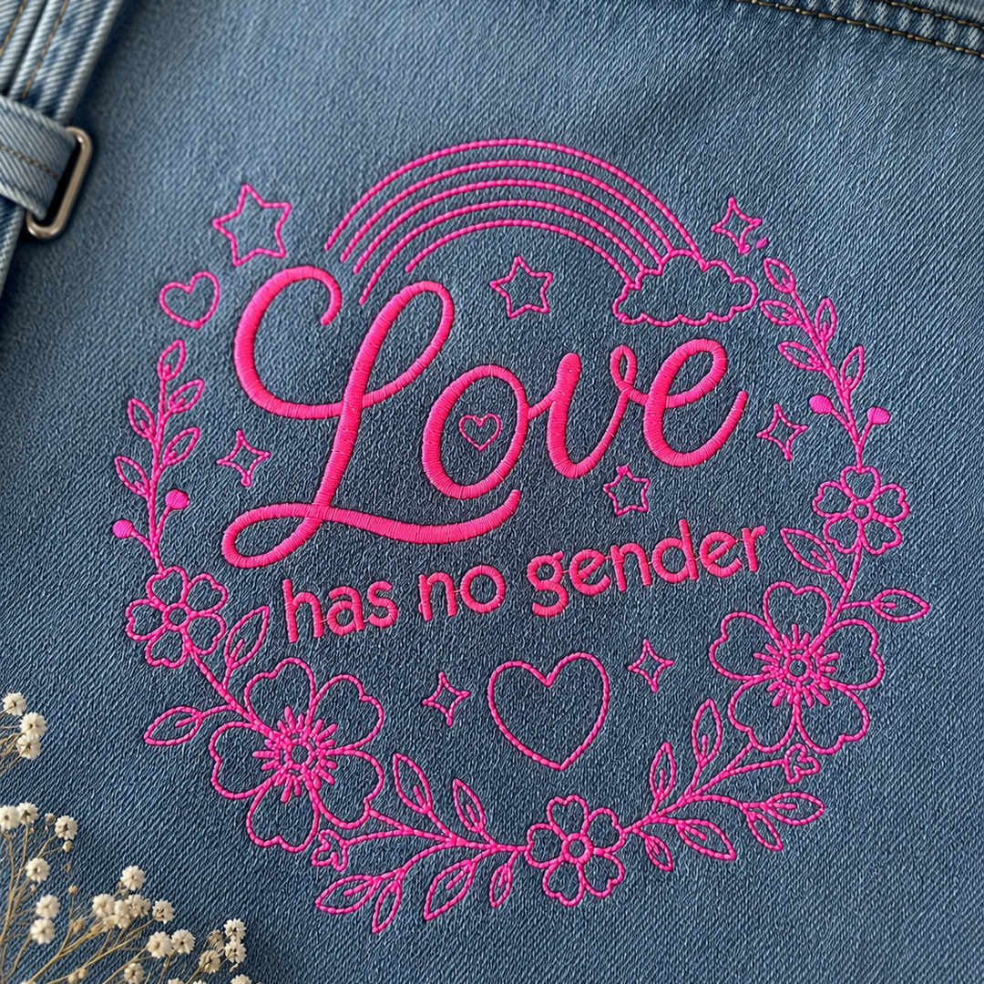 Love has no gender – Redwork Stickdatei Blumenkranz mit Schriftzug in 3 Größen