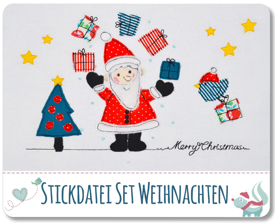 Stickdatei Weihnachtsset für den 13x18 Stickrahmen, Weihnachtsmann mit Geschenken und Weihnachtsbaum
