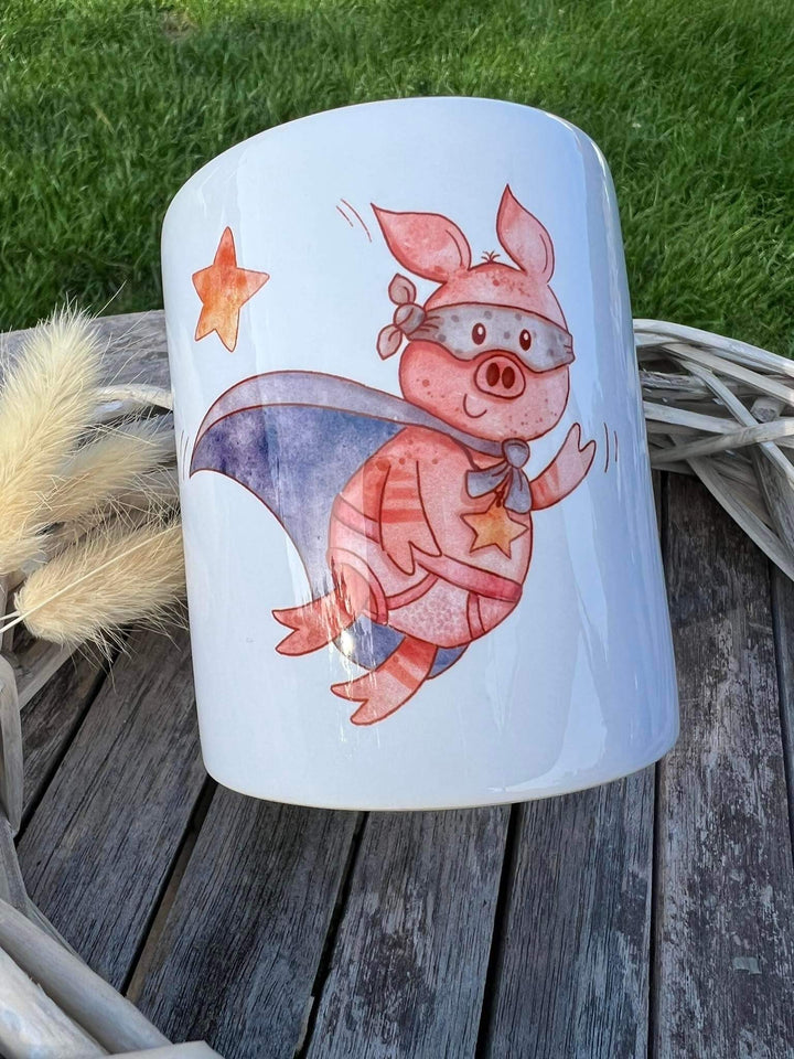 Superhelden Schwein auf Tasse