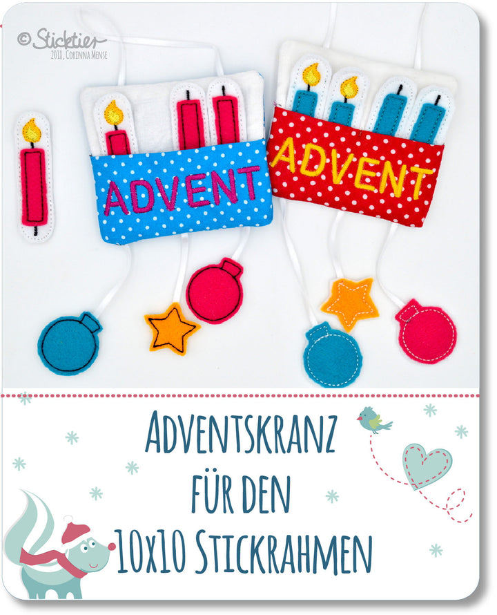 Stickdatei ITH Mini Adventskranz Weihnachten für den 10x10 Stickrahmen - Sticktier