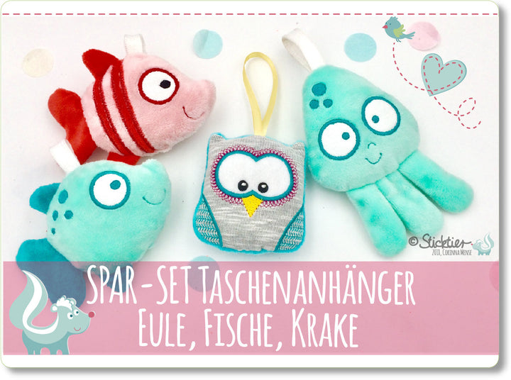 ITH Stickdatei Spar-Set Taschenanhänger Tiere, Eule, Fische und Krake / Qualle für den 10x10 Stickrahmen - Sticktier